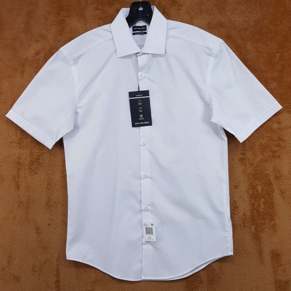 VAN HEUSEN Button Shirt Mens Size 14 14.5 Solid White Short Sleeve Slim Stretch